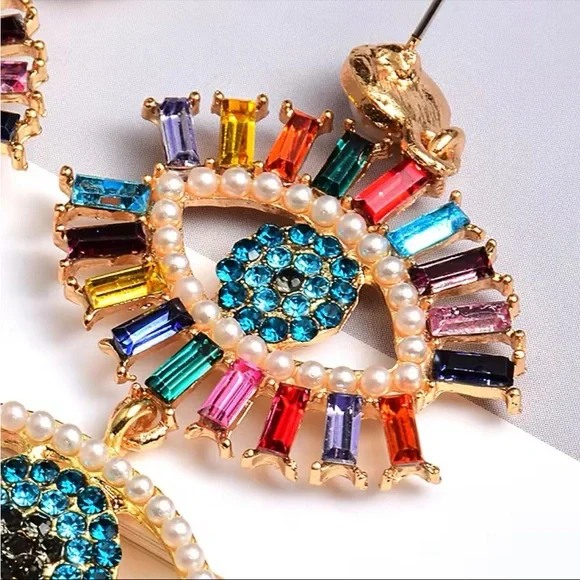 LAST 1! EVIL EYE! Rhinestone and Faux Pearls Large Colorful Dangle Earrings! - Picture 6 of 9